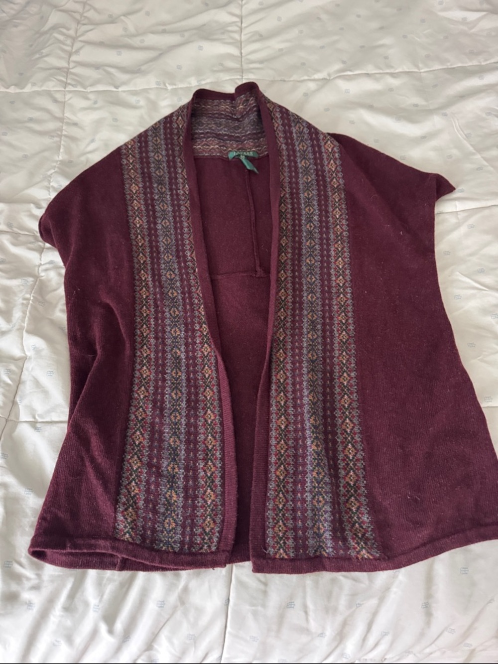 Ralph Lauren Maroon Open-Front Knit Vest with Patterned Trim